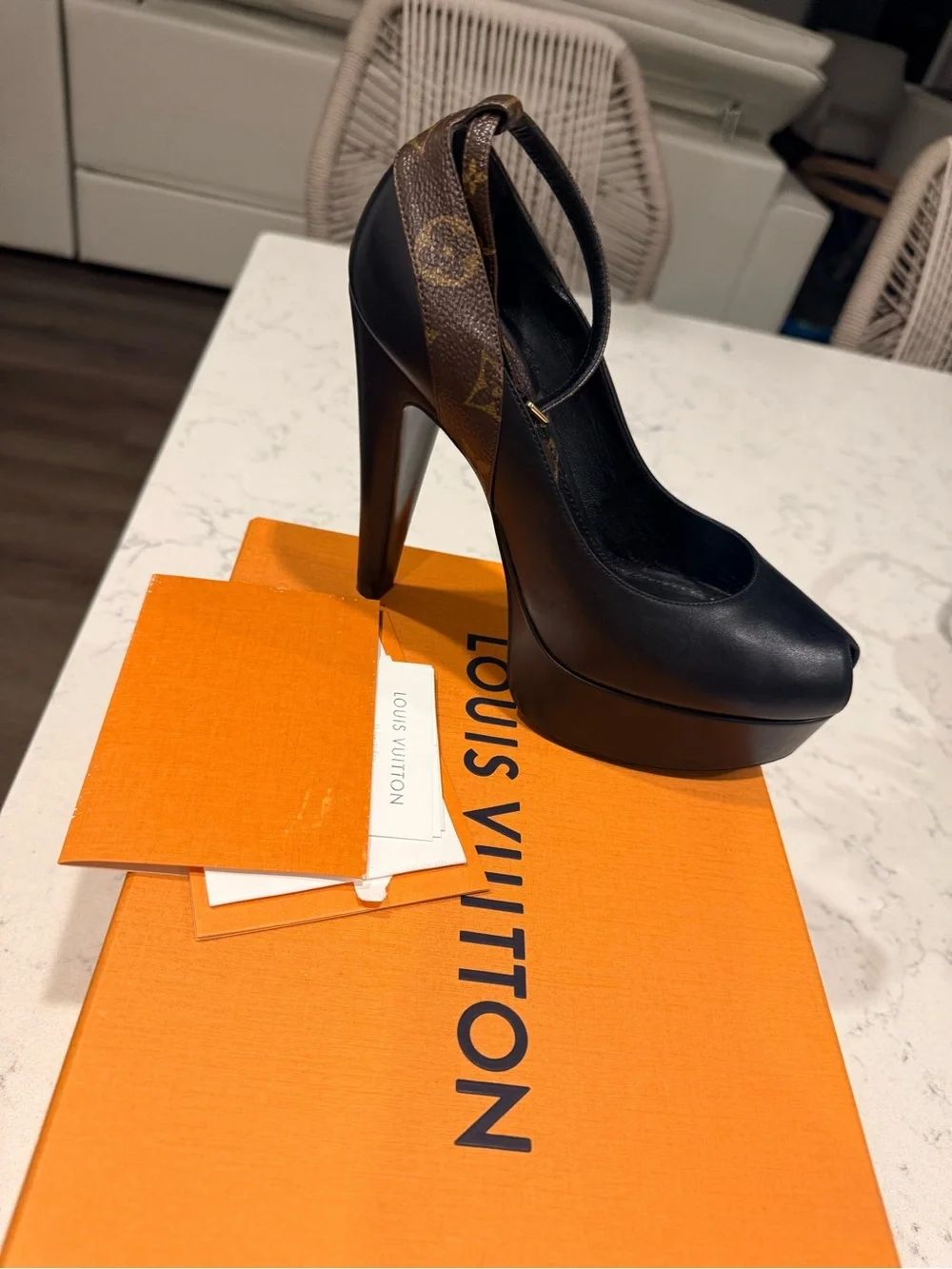 Louis Vuitton Black Leather Platform Pumps with Monogram Accent